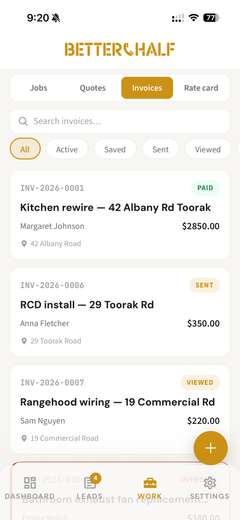 Better Half app invoices list showing paid, sent, and viewed invoices