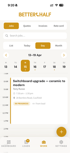 Better Half app job diary showing scheduled work for the week with directions to site