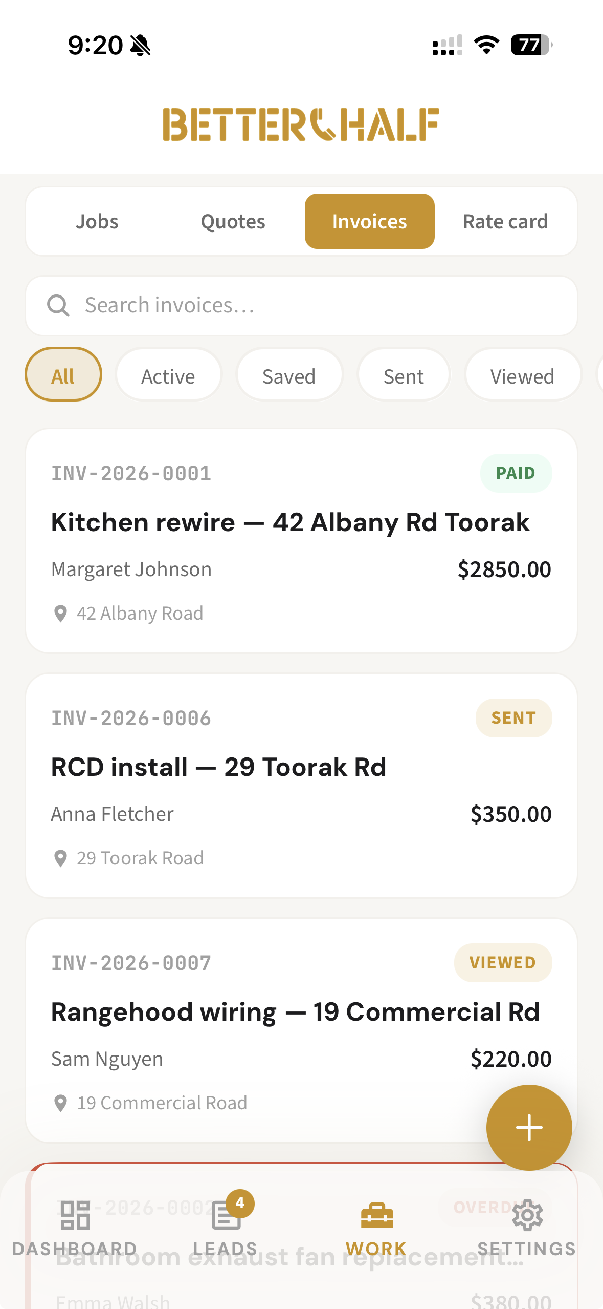 Better Half app invoices list showing paid, sent, and viewed invoices